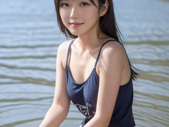 半分水着で川遊びしている女の子の画像