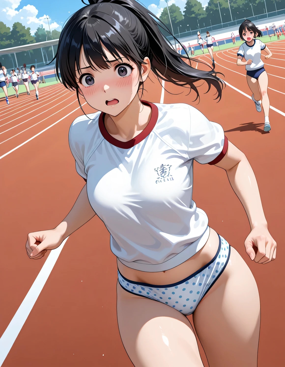 【二次AI画像】ブルマを忘れてしまいパンティのまま体育の授業を受ける女子