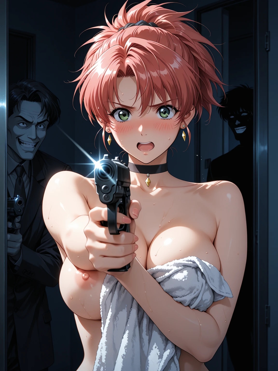 【EVE】裸タオル姿で銃を構える法条まりなの二次AI画像