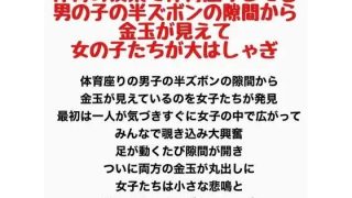 【エロ同人】体育の授業で体育座りしてる男の子の半ズボンの隙間から金玉が見えて女の子たち…