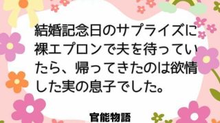 【エロ同人】結婚記念日のサプライズに裸エプロンで夫を待っていたら、帰ってきたのは欲情し…
