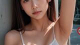 【AI腋フェチ画像】カフェで腋を見せるキャミソール姿のAI美女