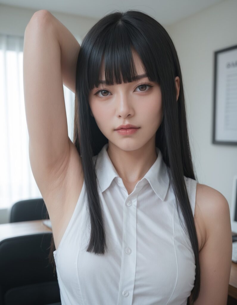 【AI腋フェチ画像】オフィスで姫カットのAIお姉さんが腋を見せる