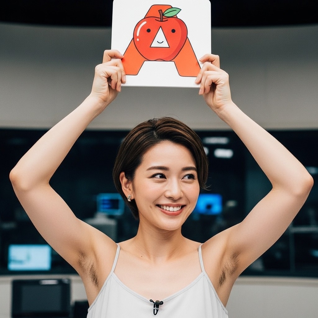 【AI腋フェチ画像】ボードを掲げる女子アナに腋毛があったらうれしい