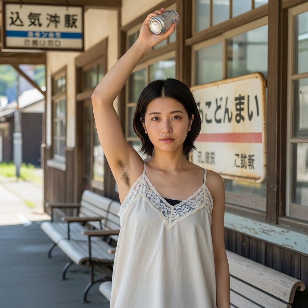 【AI腋毛画像】古い駅舎で腋毛を見せるAI美女