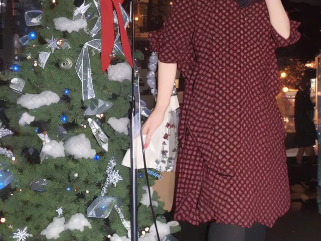 赤いワンピースとクリスマスツリー【女装】