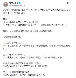 【YouTuber】テレビ有名人、もう時代遅れ？俺の嫁も名前出てこなかった女優に衝撃…トップYouTuberの方が実は見られてる説
