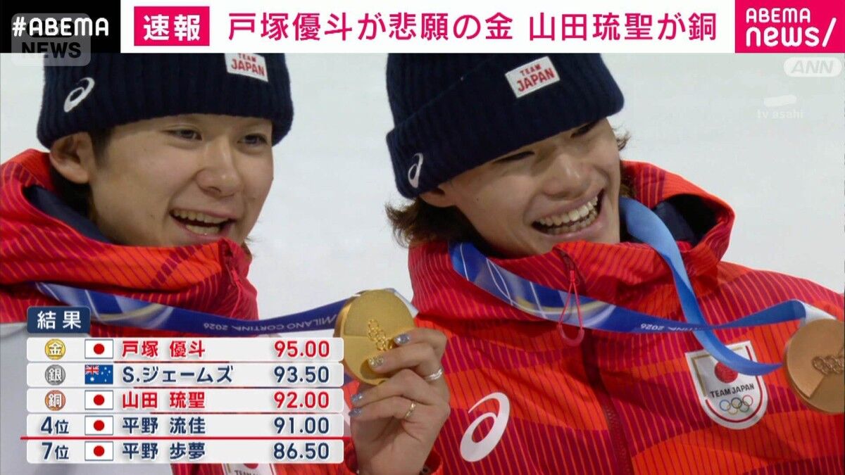 【ミラノ五輪】戸塚優斗、3度目で金！山田琉聖銅のW表彰台