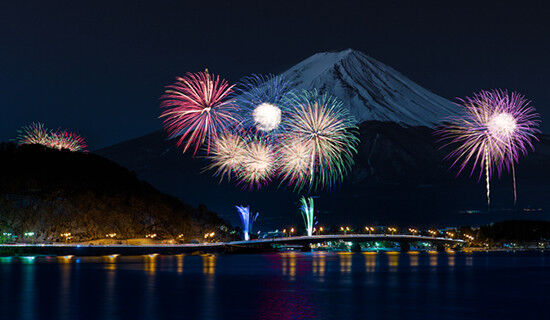 【冬の花火】山梨県：河口湖冬花火「逆さまに舞う花火の幻想的な光景！今年も開催決定！」開催日：2025年1月25日（土）～2月23日（日）までの土・日曜日（全10回） 開催時間：午後8時～