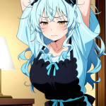 【エロ画像】水色セミロング巨乳メイド×寝起き・パジャマ_AI_アニメエロ画像