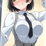 【エロ画像】黒髪三つ編み筋肉質×ガラスおっぱい押し付け_AI_アニメエロ画像