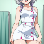 【エロ画像】グレー髪ツインおさげ筋肉質×ナース服_AI_アニメエロ画像