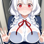 【エロ画像】白髪ツインおさげむっちり×ガラスおっぱい押し付け_AI_アニメエロ画像