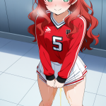 【エロ画像】赤髪ウェーブロングむっちり×おしっこ・放尿_AI_アニメエロ画像