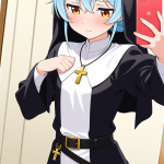 【エロ画像】青髪アップスタイル貧乳×鏡越し_AI_アニメエロ画像