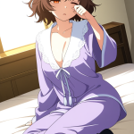 【エロ画像】茶髪ショート巨乳和装×寝起き・パジャマ_AI_アニメエロ画像