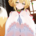 【エロ画像】金髪ハイアップスレンダー巫女×足コキ_AI_アニメエロ画像