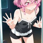 【エロ画像】マゼンタ三つ編み貧乳小柄×ガラスおっぱい押し付け_AI_アニメエロ画像