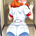【エロ画像】オレンジセミロング筋肉質ナース×ガラスお尻押し付け_AI_アニメエロ画像