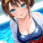 【エロ画像】茶髪アップ巨乳狐耳浴衣×スクール水着_AI_アニメエロ画像