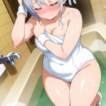 【エロ画像】黒青グラデーション三つ編みむっ×お風呂・入浴_AI_アニメエロ画像