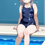 【エロ画像】グレー髪三つ編みむっちり小柄×スクール水着_AI_アニメエロ画像