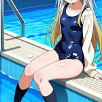 【エロ画像】ピンク髪セミロングスレンダー×スクール水着_AI_アニメエロ画像