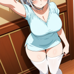 【エロ画像】グレー髪ポニーテール巨乳むっち×ニーソ・絶対領域_AI_アニメエロ画像