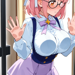 【エロ画像】ピンク髪アップ細身魔法少女×ガラスおっぱい押し付け_AI_アニメエロ画像