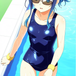 【エロ画像】青髪ハーフアップ貧乳×スクール水着_AI_アニメエロ画像