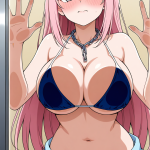 【エロ画像】ピンク髪ロンググラマラス×ガラスおっぱい押し付け_AI_アニメエロ画像