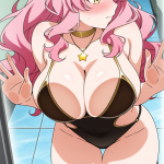 【エロ画像】ピンクグラデーションロング巨乳×ガラスおっぱい押し付け_AI_アニメエロ画像