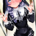 【エロ画像】黒紫グラデ三つ編み貧乳×ガラスお尻押し付け_AI_アニメエロ画像