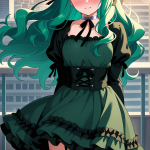 【エロ画像】深緑ウェーブロング筋肉質×野外露出_AI_アニメエロ画像