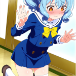 【エロ画像】青髪ポニーテール長身貧乳×ガラスおっぱい押し付け_AI_アニメエロ画像