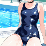【エロ画像】黒髪ボブウェーブぽっちゃり×スクール水着_AI_アニメエロ画像