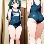 【エロ画像】茶髪ツインおさげむっちり×鏡越し_AI_アニメエロ画像