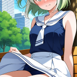 【エロ画像】緑髪くせ毛ショート巨乳×野外露出_AI_アニメエロ画像