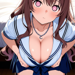【エロ画像】茶髪ウェーブロング巨乳×パイズリ_AI_アニメエロ画像