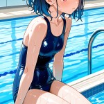 【エロ画像】青グラデーション黒髪細身ナース×スクール水着_AI_アニメエロ画像
