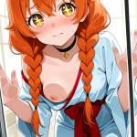 【エロ画像】オレンジ髪ツインおさげ貧乳×ガラスおっぱい押し付け_AI_アニメエロ画像