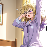 【エロ画像】金ピンク内巻きセミロング細身×寝起き・パジャマ_AI_アニメエロ画像