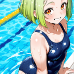 【エロ画像】ライム色ボブやや丸み×スクール水着_AI_アニメエロ画像