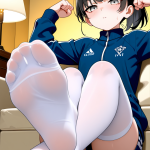 【エロ画像】青グラデーション黒髪ポニーテー×足コキ_AI_アニメエロ画像