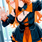 【エロ画像】オレンジセミロング貧乳小柄×ガラスおっぱい押し付け_AI_アニメエロ画像