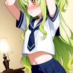 【エロ画像】ライム色ウェーブロング巨乳×貧乳・微乳_AI_アニメエロ画像
