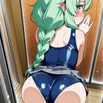 【エロ画像】マゼンタ三つ編み巨乳×ガラスお尻押し付け_AI_アニメエロ画像