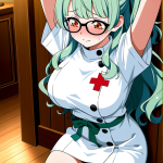 【エロ画像】緑髪ウェーブ巨乳ナース×手縛り・拘束_AI_アニメエロ画像