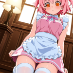 【エロ画像】桜色くせ毛ショート巨乳×ニーソ・絶対領域_AI_アニメエロ画像