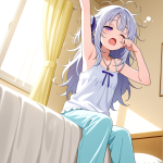 【エロ画像】マゼンタロングストレート小柄貧×寝起き・パジャマ_AI_アニメエロ画像